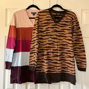 Lands End Tunic Sweater bundle size L Colorblock stripe and Brown Tiger V Neck